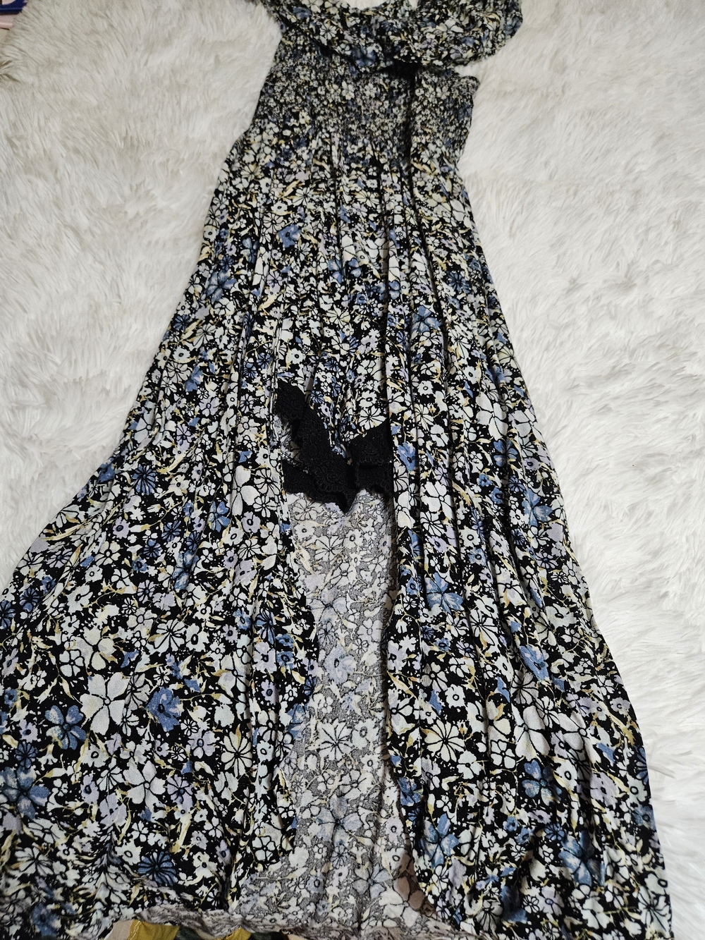 art class Black Floral Dress with Blue & Cream Accents